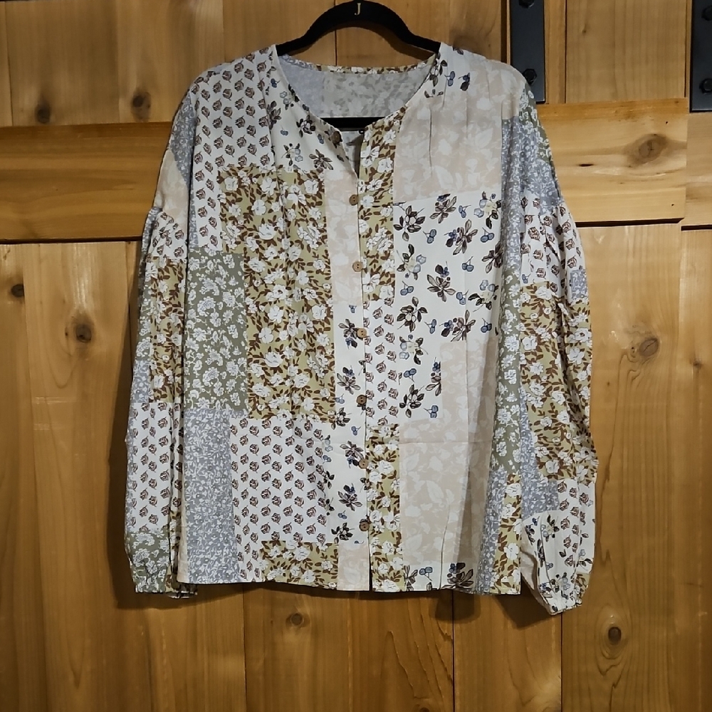 Patchwork Floral Button-Front Blouse in Cream and Olive